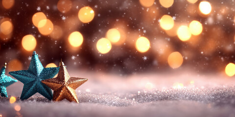 A beautiful winter scene featuring sparkling blue and gold stars on a snowy surface, surrounded by warm, glowing bokeh lights and gentle snowflakes. Perfect for holiday cheer.