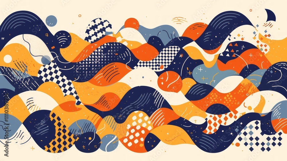 Poster abstract illustration featuring flowing waves in vibrant colors and patterns.