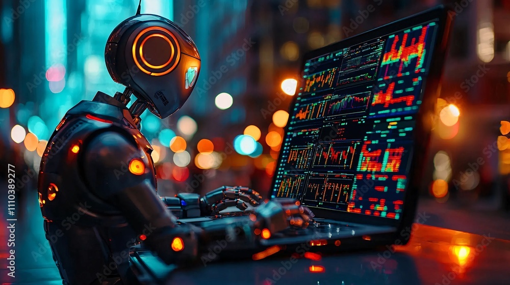 Aufkleber A trading robot analyzing extensive data to mitigate risks and maximize portfolio returns Stock Photo with side copy space
