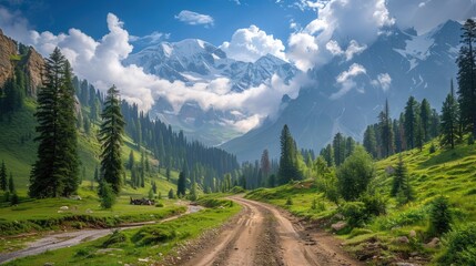 A remote unpaved road leading through untouched paradise in Fairy Meadows, surrounded by pristine green landscapes. 