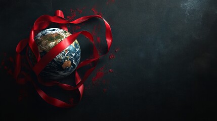 'World AIDS Day' Text with Artistic Globe Wrapped in a Red Ribbon, Symbolizing Global Solidarity