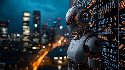 Fototapeta premium A quantum-powered robotic system identifying market inefficiencies for profitable trades Stock Photo with side copy space