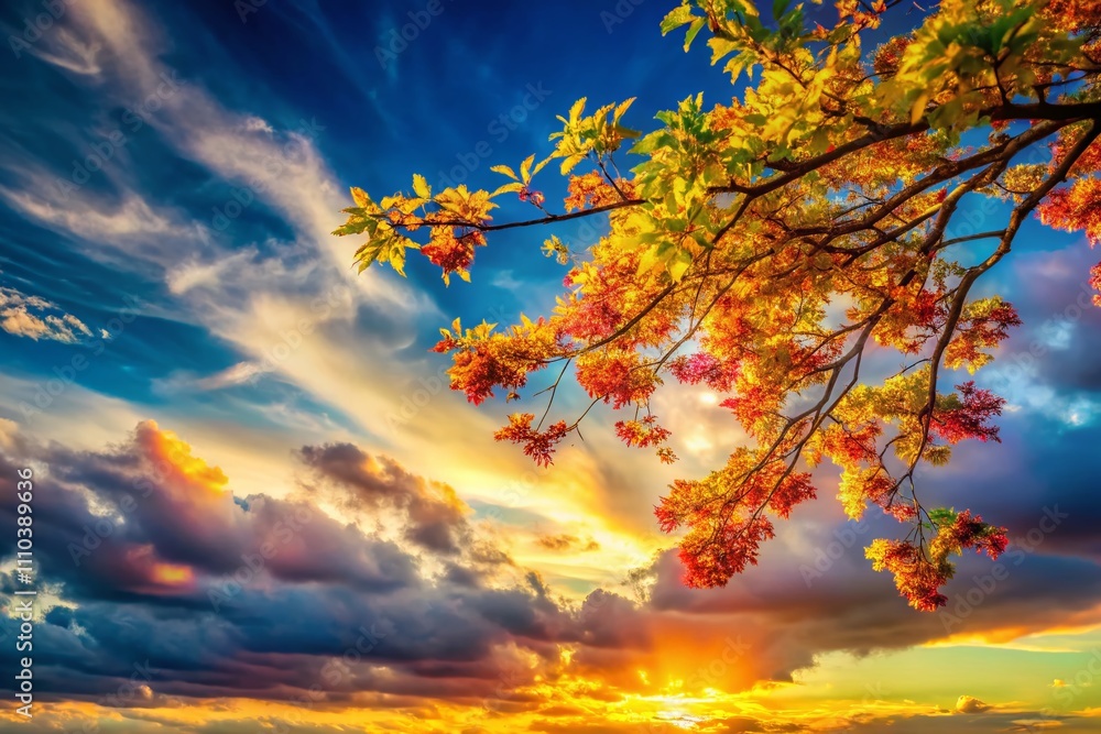 Poster serene tree branch silhouetted against a vibrant sky with soft clouds, perfect for nature themes and
