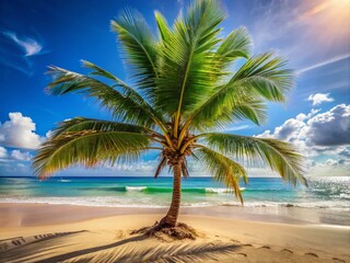 Obraz premium Serene Tropical Beach Scene with Palm Tree Under Clear Blue Sky and Ocean Background Perfect for Relaxation and Vacation Imagery
