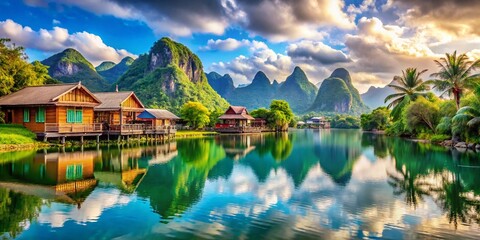 Serene Tropical Lake Houses Nestled Amidst Majestic Mountains Under a Clear Blue Sky, Perfect for Nature Lovers and Adventurers Seeking Tranquility in Paradise