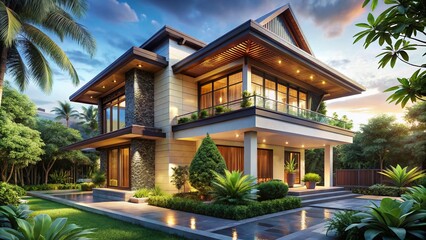 Obraz premium Serene Two-Story Modern House Featuring Khmer Art Architectural Details Surrounded by Lush Greenery and Soft Natural Light, Ideal for Capturing Tranquil Living Spaces