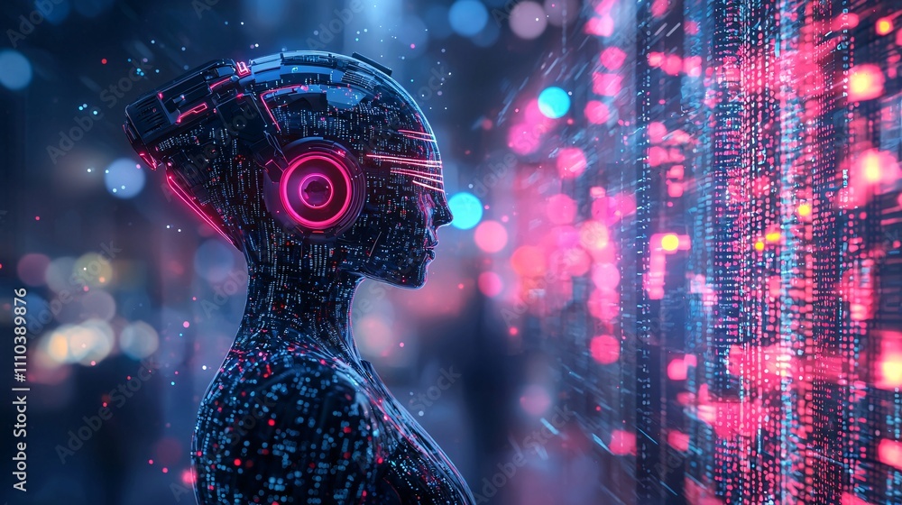 Aufkleber An AI-powered trading robot executing high-frequency trades with glowing data streams Stock Photo with side copy space
