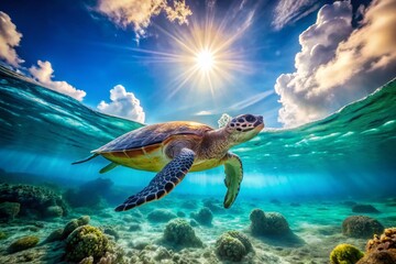 Obraz premium Serene Underwater Scene of a Sea Turtle Swimming Gracefully Through Crystal Clear Blue Waters with Sunlight Filtering Down from the Ocean Surface