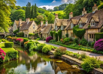 Obraz premium Serene View of Bibury in the Cotswolds, England with Quaint Stone Cottages and Lush Greenery, Perfectly Framed by Natural Landscape for Travel and Nature Themes