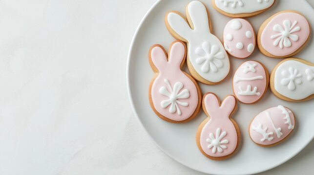 flat lay A plate of Easter-themed cookies beautifully arranged and shaped like bunnies and eggs