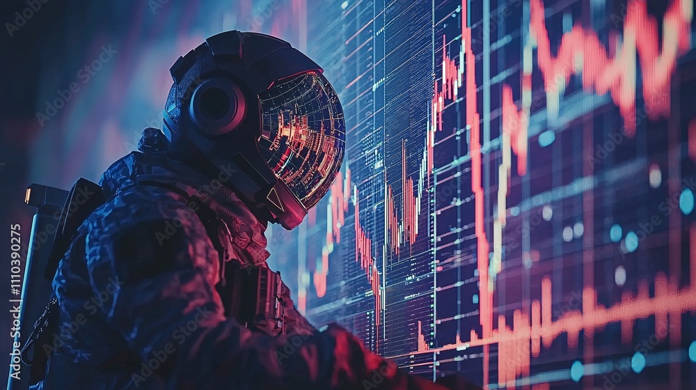 Poster A digital representation of a robot using predictive algorithms for stock market forecasts Stock Photo with side copy space