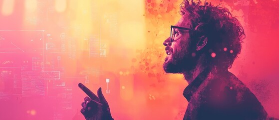 Inspired Man with Glasses Pointing Towards Digital Graphs and Data Visualizations in Vibrant Color Palette