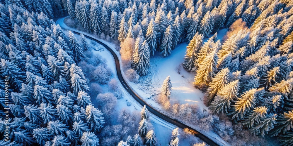 Poster serene winter wonderland: a drone's eye view of a snowy path winding through a dense forest creating