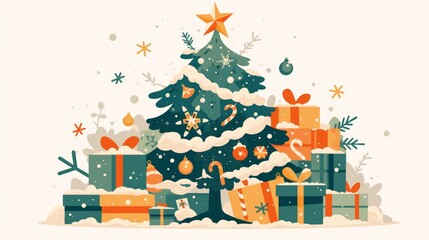 A festive illustration of a decorated Christmas tree surrounded by colorful presents and snowflakes.
