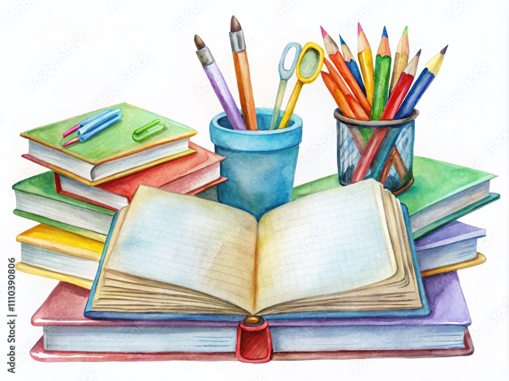 Poster set of colorful school supplies with open book and stack of books in hand-drawn watercolor style, is