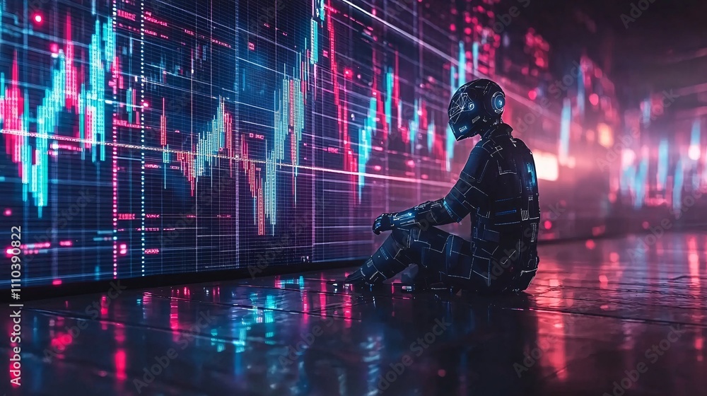 Aufkleber A futuristic lab where robots use deep learning to analyze trading opportunities Stock Photo with side copy space