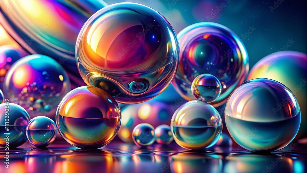Poster set of iridescent 3d spheres in fluid motion - colorful abstract geometric shapes for creative desig
