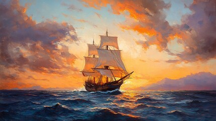 Obraz premium Sunset seascape painting of a sailing ship at sea.