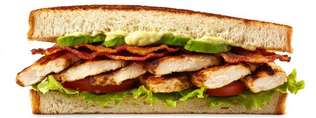 A hearty chicken avocado club sandwich with grilled chicken breast, avocado slices, bacon