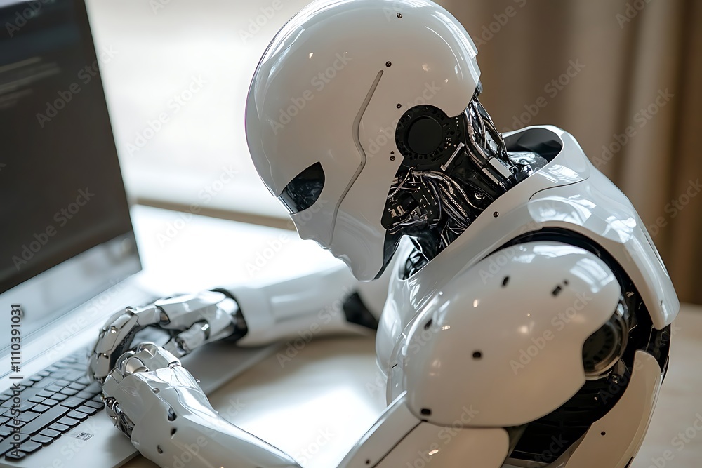 Poster ai robot working on laptop. concept of artificial intelligence, future technology, and automation.