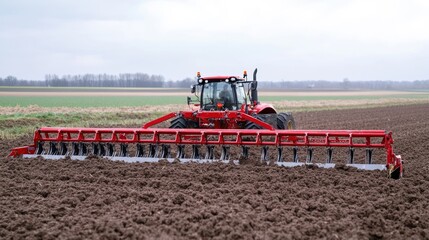 Fototapeta premium Heavy-duty harrow leveling soil in a large field, spring planting season, 