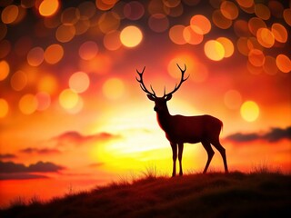 Silhouetted Deer on Rolling Hills with Vibrant Red Sky: A Surreal Landscape Captured in Bokeh Effect, Perfect for Nature and Wildlife Photography Lovers