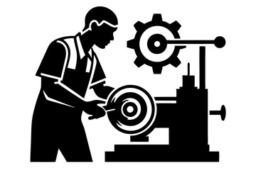 An illustration of a machinist operating a lathe silhouette