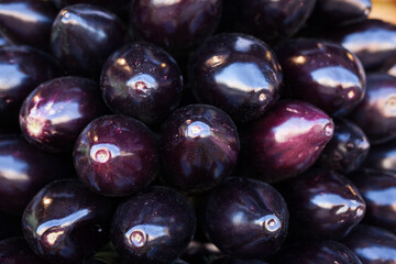 Fresh eggplant on market counter