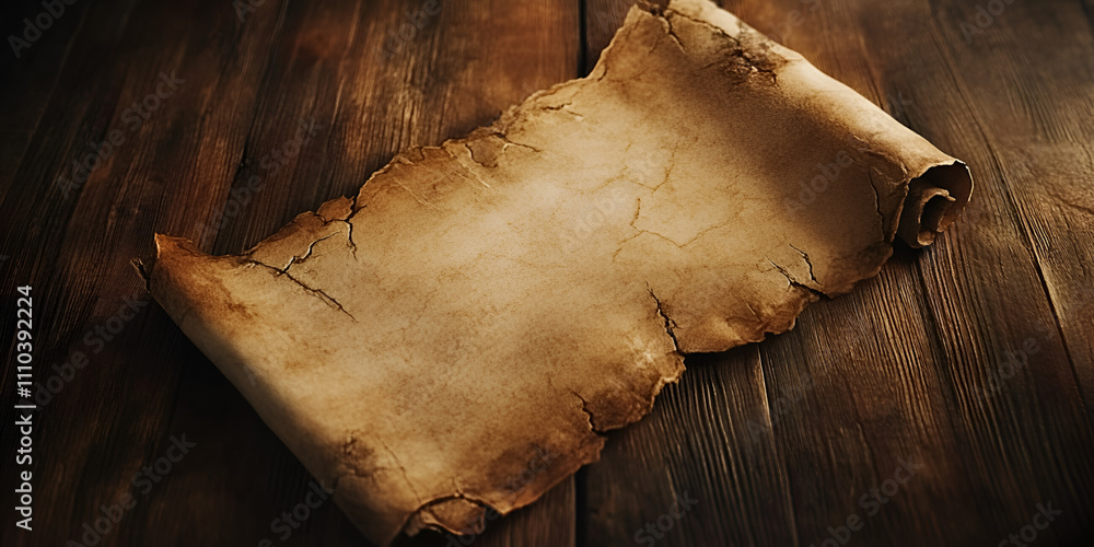 Poster ancient manuscript: a weathered parchment scroll unfurled on a rustic wooden table evokes a sense of