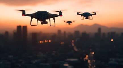 Three drones fly over a cityscape at sunset, capturing the urban skyline against a vibrant sky filled with warm hues.