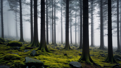 Obraz premium Fog covering mossy ground in mysterious forest