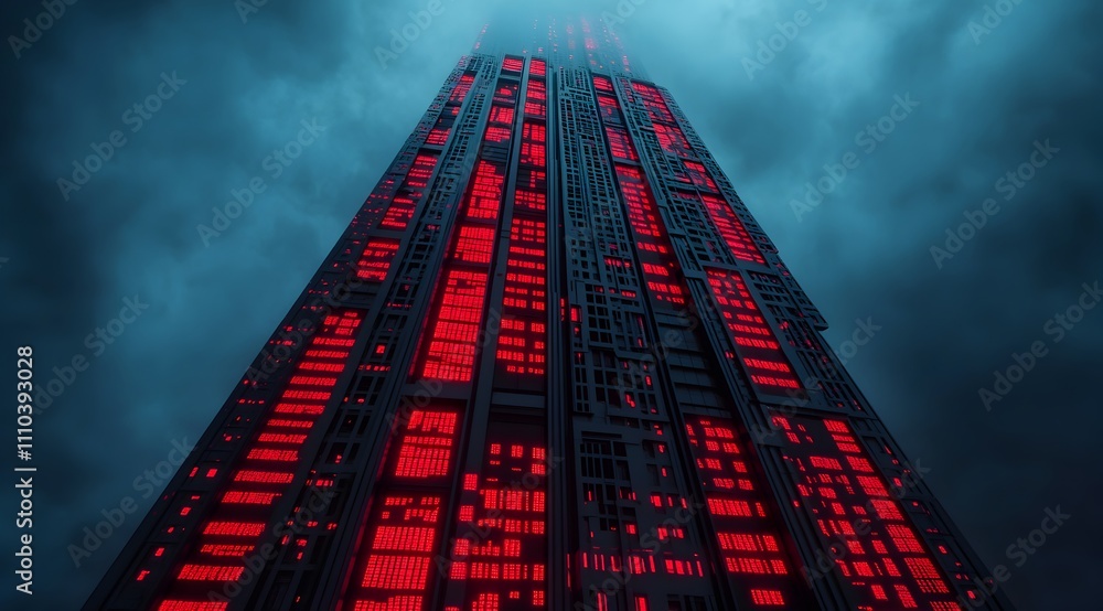 Poster a towering structure illuminated with red lights under a moody sky, evoking a sense of futuristic te