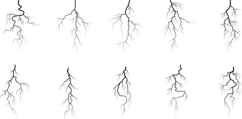 Vector lightning silhouettes set. Thunderstorm design. Vector illustration