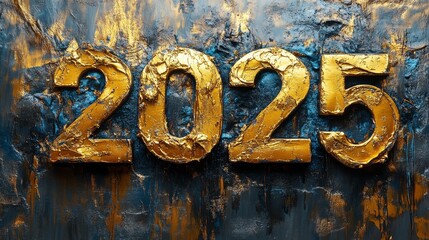 Gold Paint Splashes with Bold “2025” New Year Theme. Generative AI