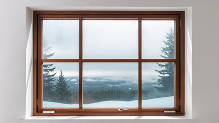 A wooden window frame with six panes offers a view of a snowy landscape, featuring pine trees and a cloudy sky.