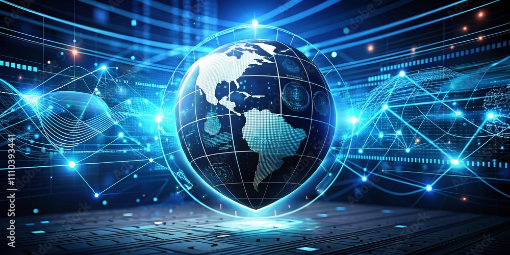 Poster silhouette photography of a world globe emphasizing cyber security with data encryption, communicati