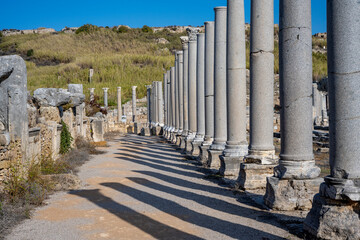 Rows of columns in Perge, Antalya, Turkey. Remains of colonnaded street in Pamphylian ancient...