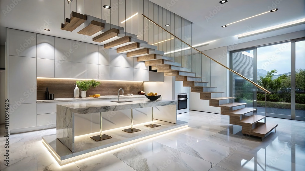 Poster sleek white l-shape floating stairs with led lights and glass handrails in a minimalistic kitchen fe