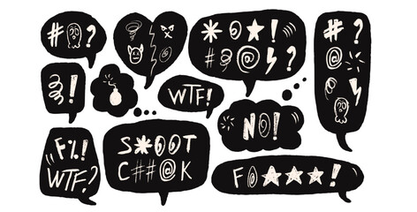 Speech bubbles with swear words. Curse crayon doodle text. Strong language expression on chat dialog boxes. Aggressive rude swearwords isolated on white background. Rage signs. Vector illustration © Syuzann q