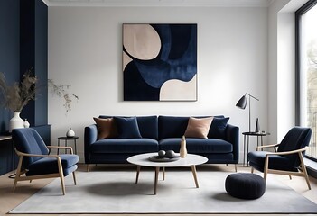 An elegant navy blue sofa in the middle of a bright living room interior with gold metal side tables and three paintings on a gray wall. Real photo.