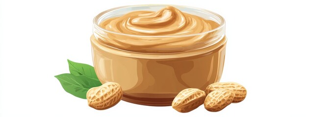 A jar of creamy peanut butter with whole peanuts, isolated white background, pop art style