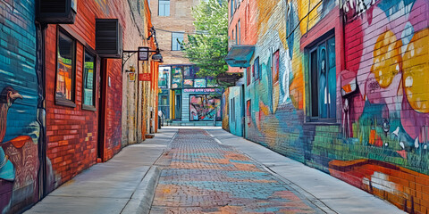 Fototapeta premium Urban Oasis: A narrow, cobblestone alleyway bursts with vibrant color as graffiti-covered walls line the path, creating a captivating scene of urban art and hidden beauty. 