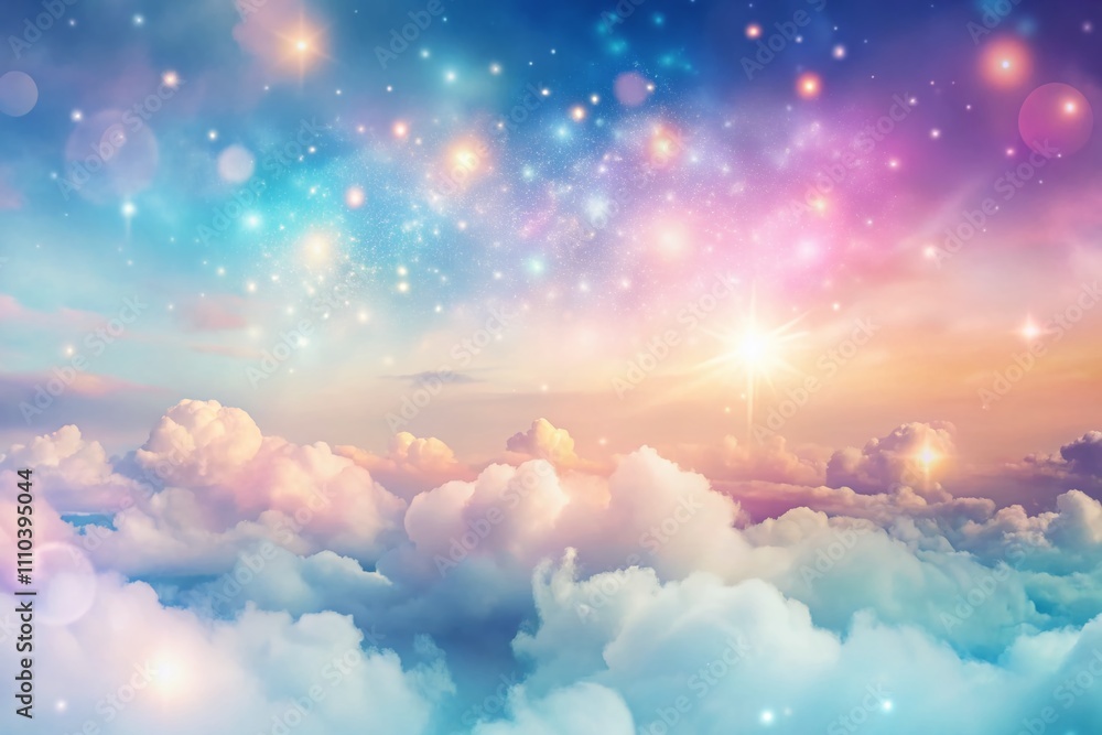 Poster soft focus pastel sparkles and dreamy clouds on white background for magical effects and open space 