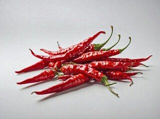 Red chillies positioned on a plain white background.