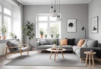 Fototapeta premium Interior of modern living room with houseplants, sofa and armchairs 