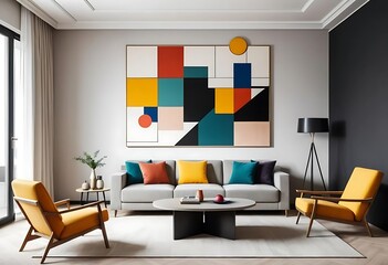 Blurred background of a contemporary living room featuring a grey sofa and striking abstract art. this elegant space combines modern design elements