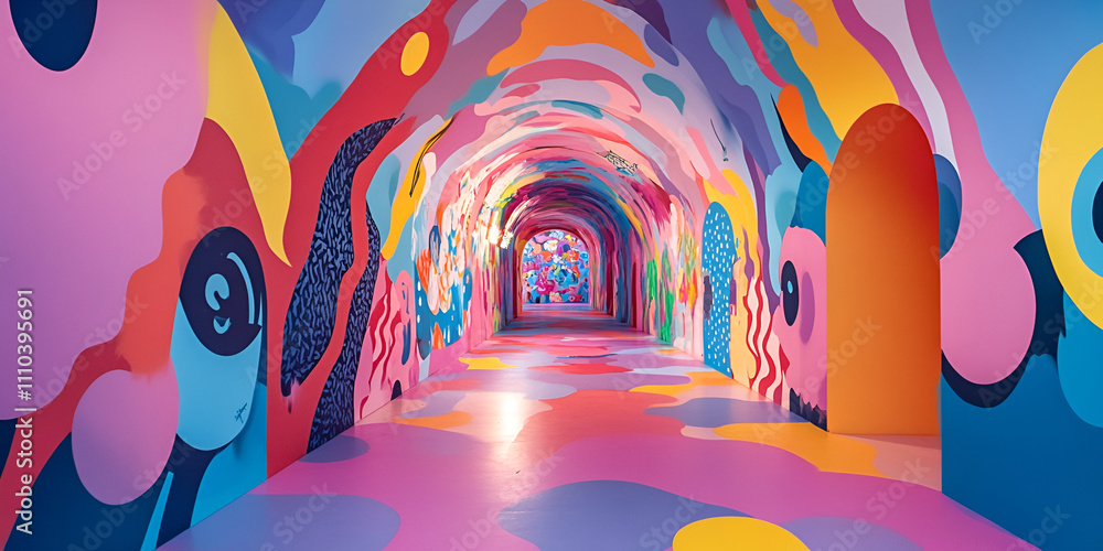 Poster whimsical tunnel of color: a vibrant and playful tunnel explodes with color, creating a mesmerizing 
