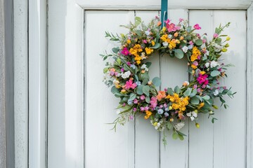 Close-up of an Easter wreath hanging on a white wooden door
