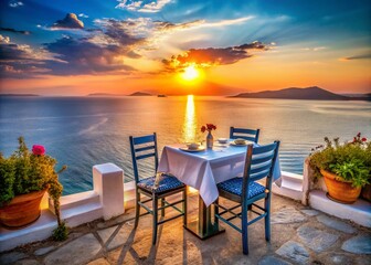 Fototapeta premium Solitary Table at a Quaint Greek Restaurant with Panoramic Views of the Mediterranean Sea at Sunset, Capturing the Essence of Leisure and Culinary Delights in a Serene Setting