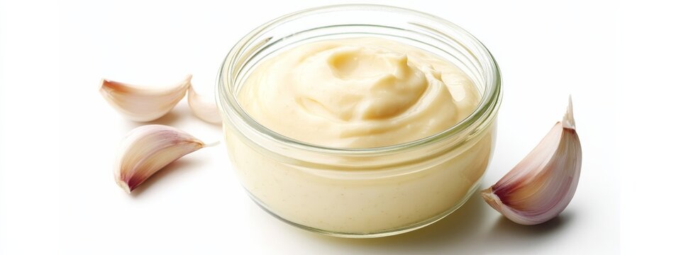 A jar of homemade aioli sauce with garlic cloves, isolated white background, surrealism art style